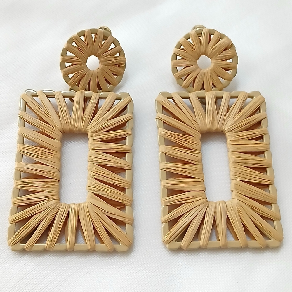 Women’s Statement Raffia Earrings Boho Square Down Geometric New